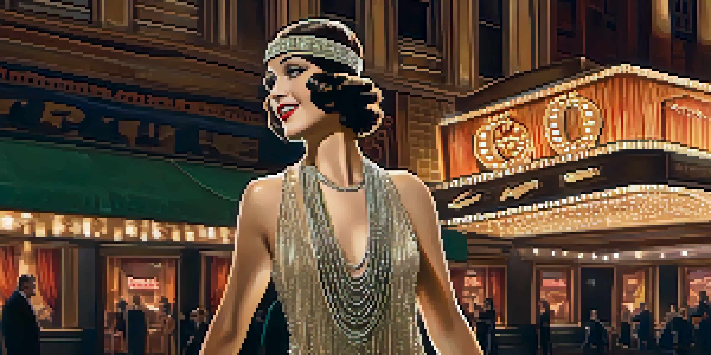 A glamorous flapper actress in a beaded dress stands in front of a vintage movie theater, with warm lights illuminating her and a blurred city street in the background.