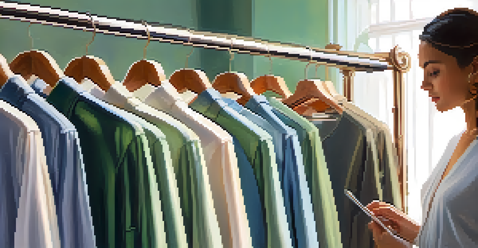 A close-up of a person choosing calming colored outfits from a clothing rack, in a warm and inviting atmosphere highlighting mindfulness in fashion.