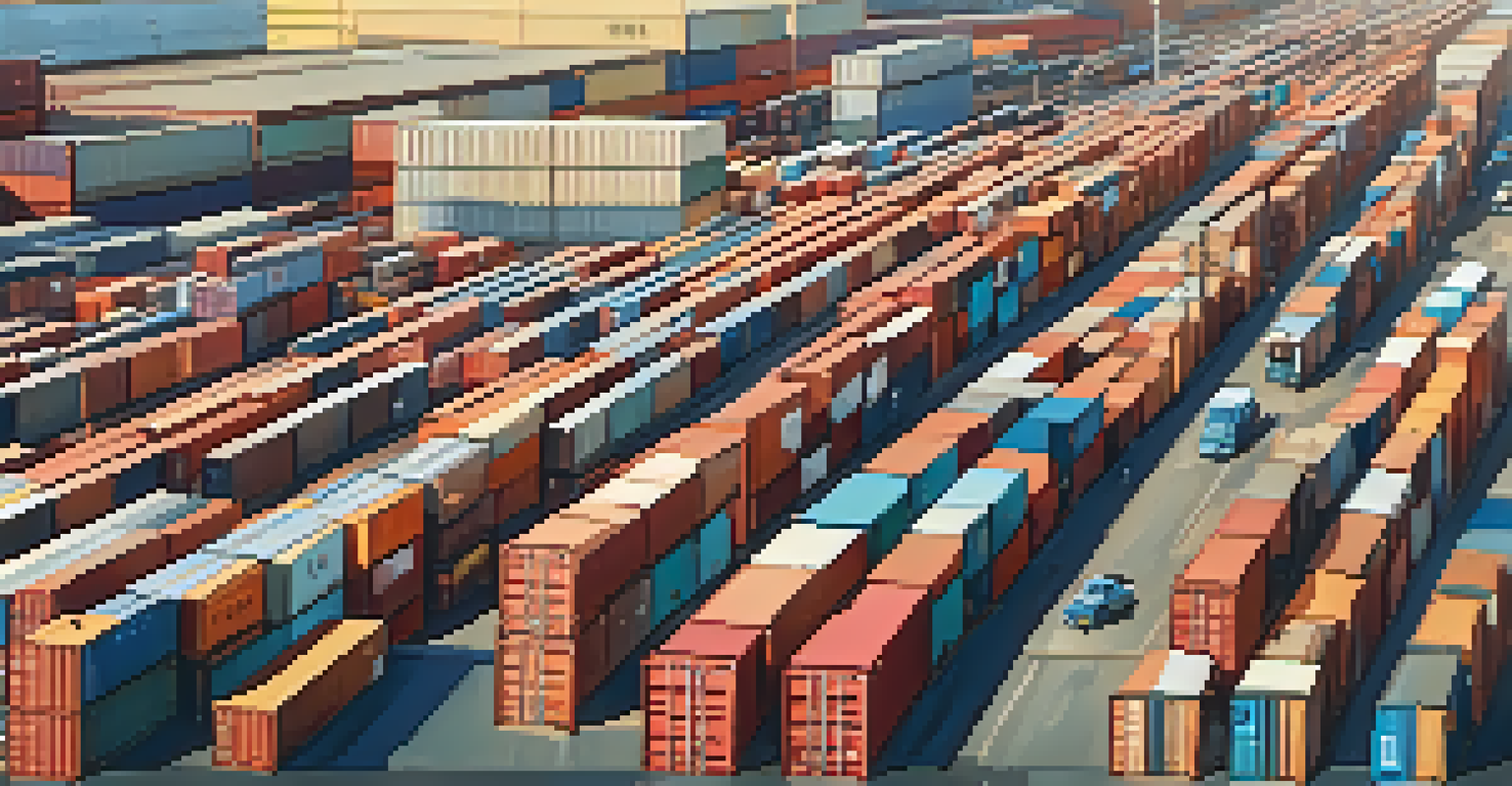 An aerial view of a busy fashion supply chain hub with shipping containers and trucks in a colorful industrial setting under warm sunlight.