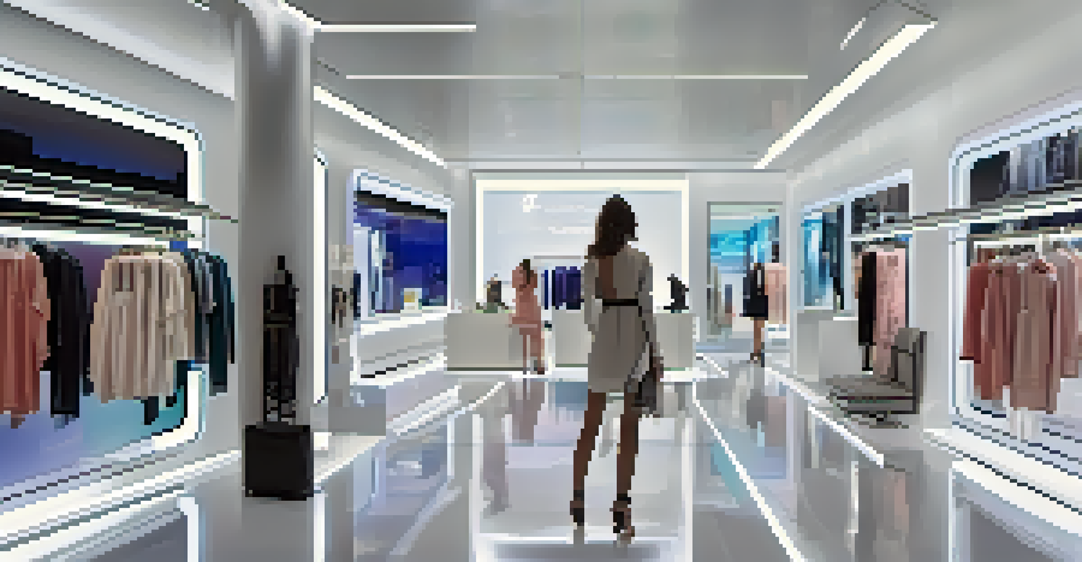 A modern fashion store with interactive screens and augmented reality mirrors showcasing customizable clothing options.
