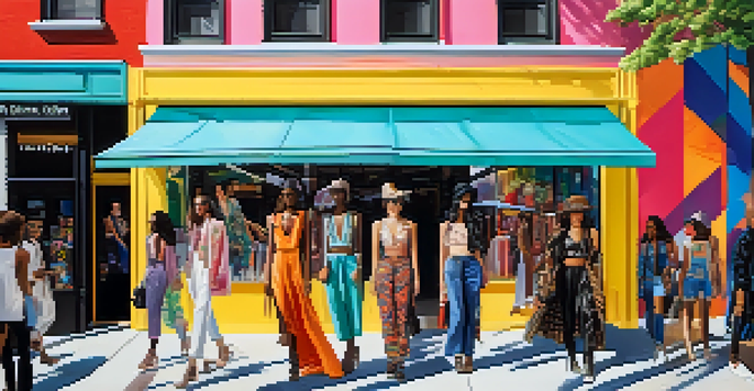 A lively street scene with a fashion pop-up shop displaying high-fashion and streetwear styles, featuring models in unique outfits and colorful murals.
