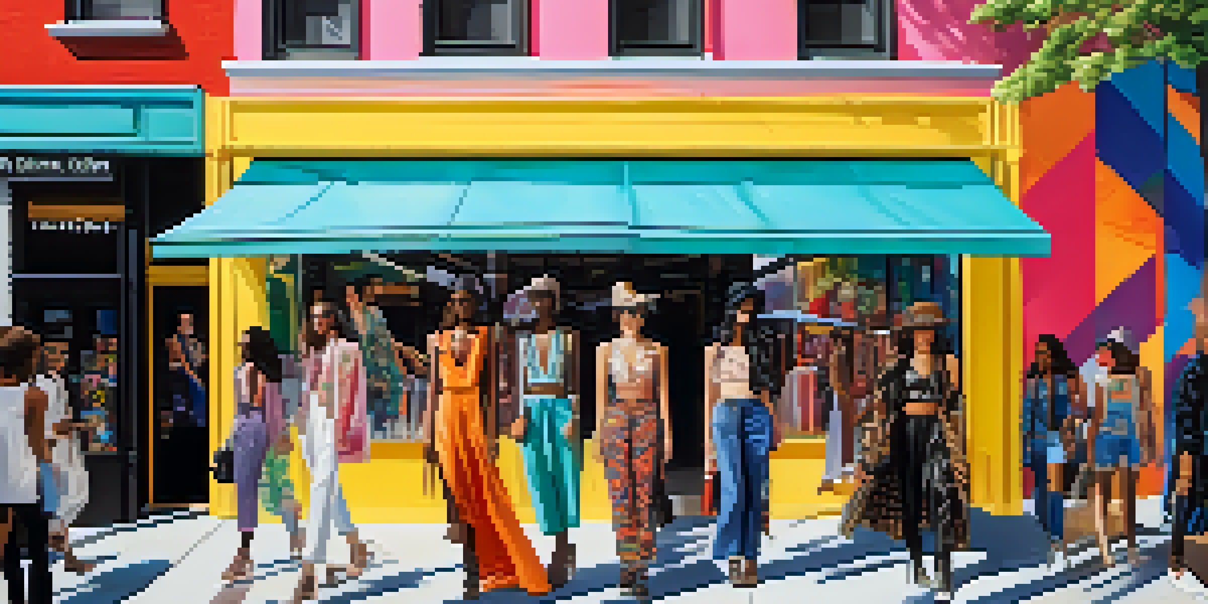 A lively street scene with a fashion pop-up shop displaying high-fashion and streetwear styles, featuring models in unique outfits and colorful murals.