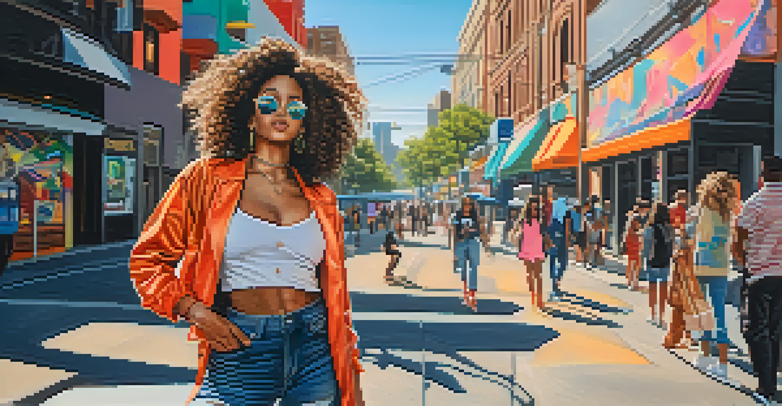 A social media influencer posing in a colorful urban setting with street art and lively city surroundings.