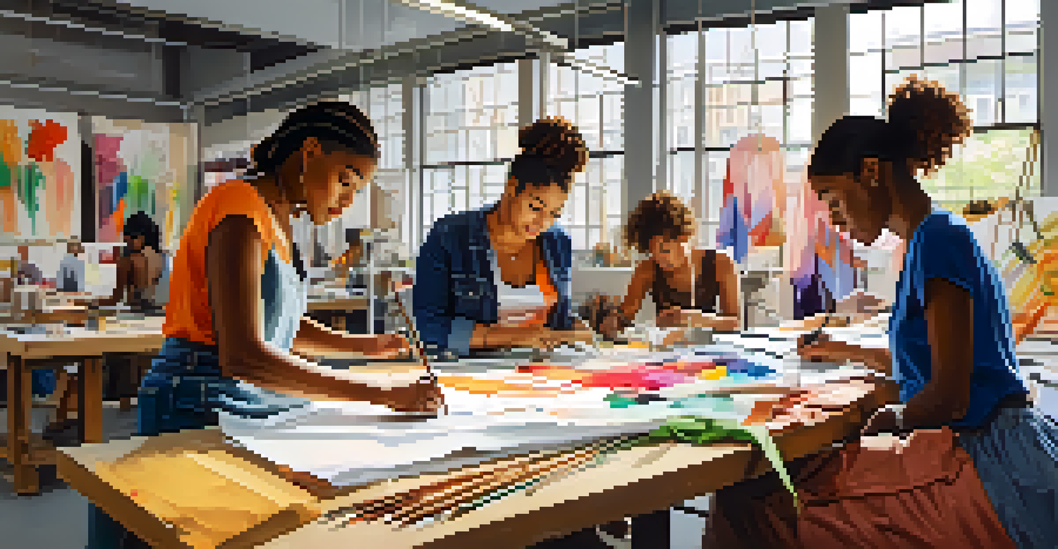 A diverse group of women working together on a fashion project in a bright workshop.