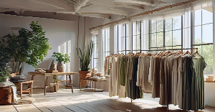 A bright, inviting room showcasing sustainable fashion garments on wooden hangers, with plants and soft textiles.
