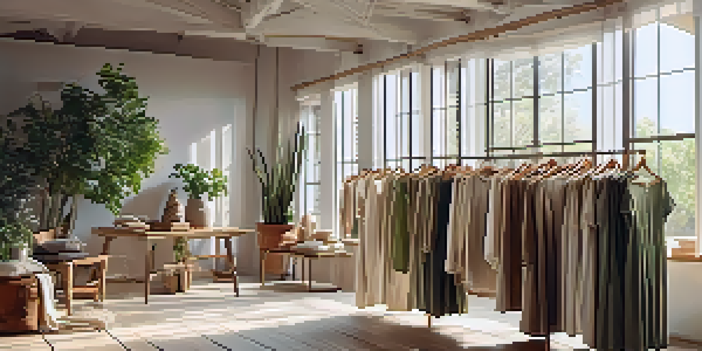 A bright, inviting room showcasing sustainable fashion garments on wooden hangers, with plants and soft textiles.
