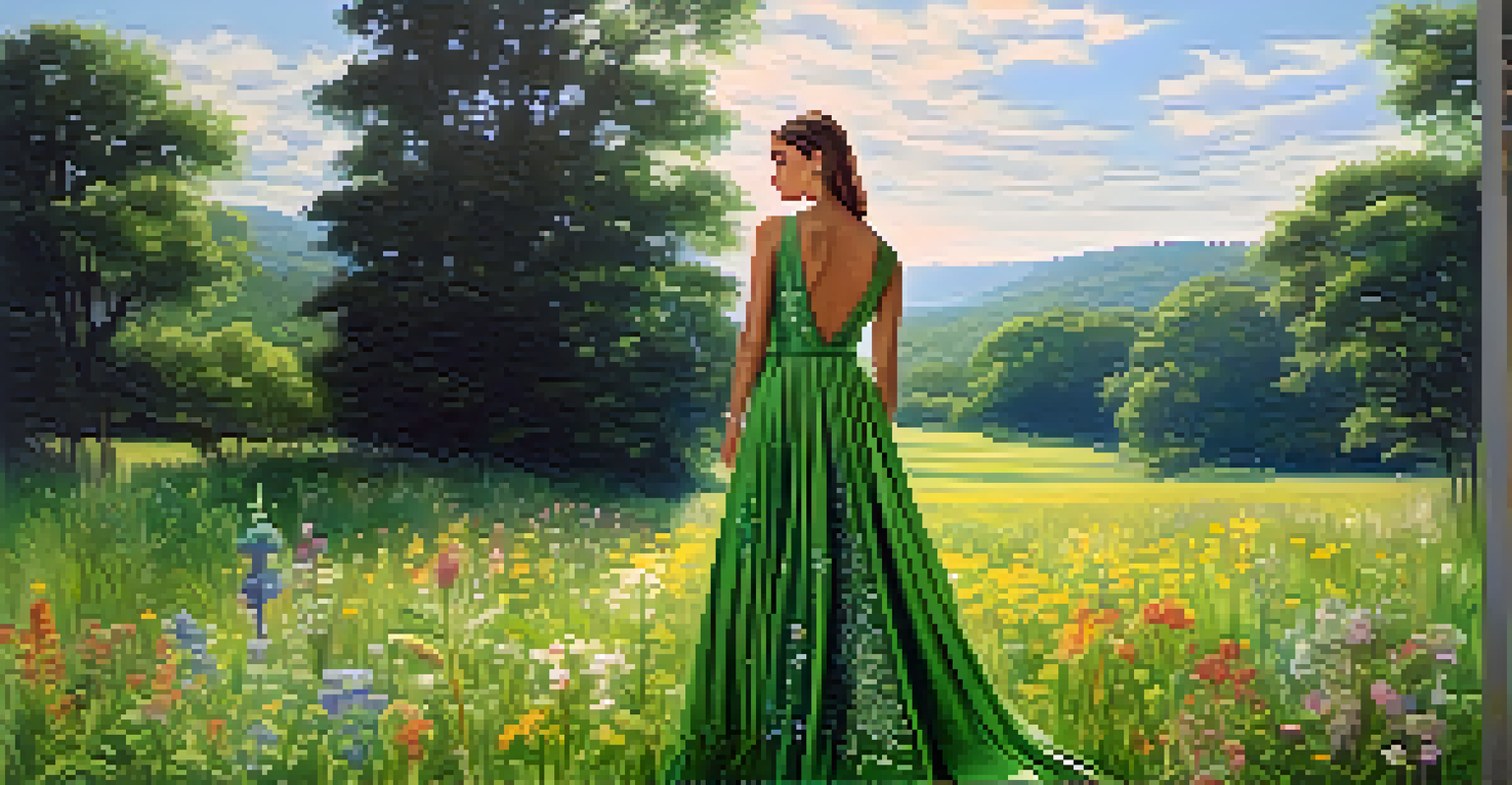 A model in a recycled material dress standing in a green field with wildflowers, showcasing sustainable fashion.
