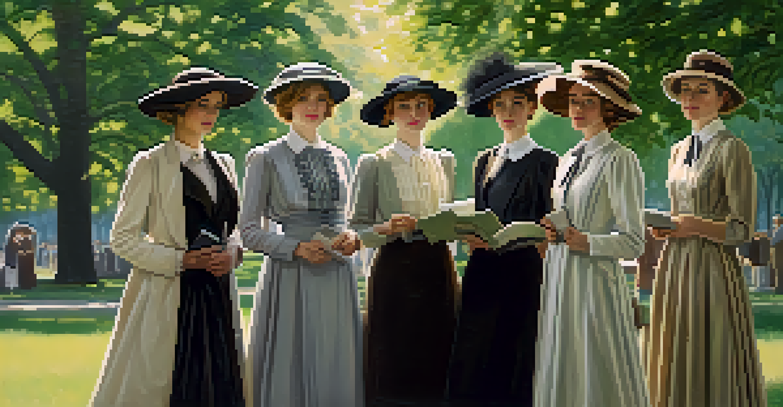 Historical image of suffragettes in early 20th century clothing, united in a park holding signs for women's rights, with greenery and soft sunlight in the background.