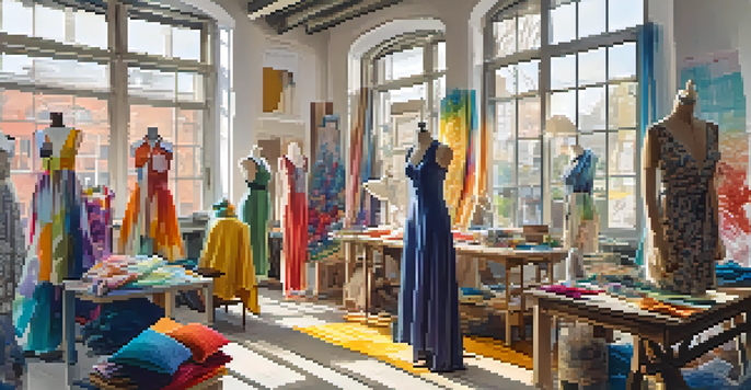 A fashion design studio with colorful fabrics and a designer working on a mannequin, illuminated by natural light.