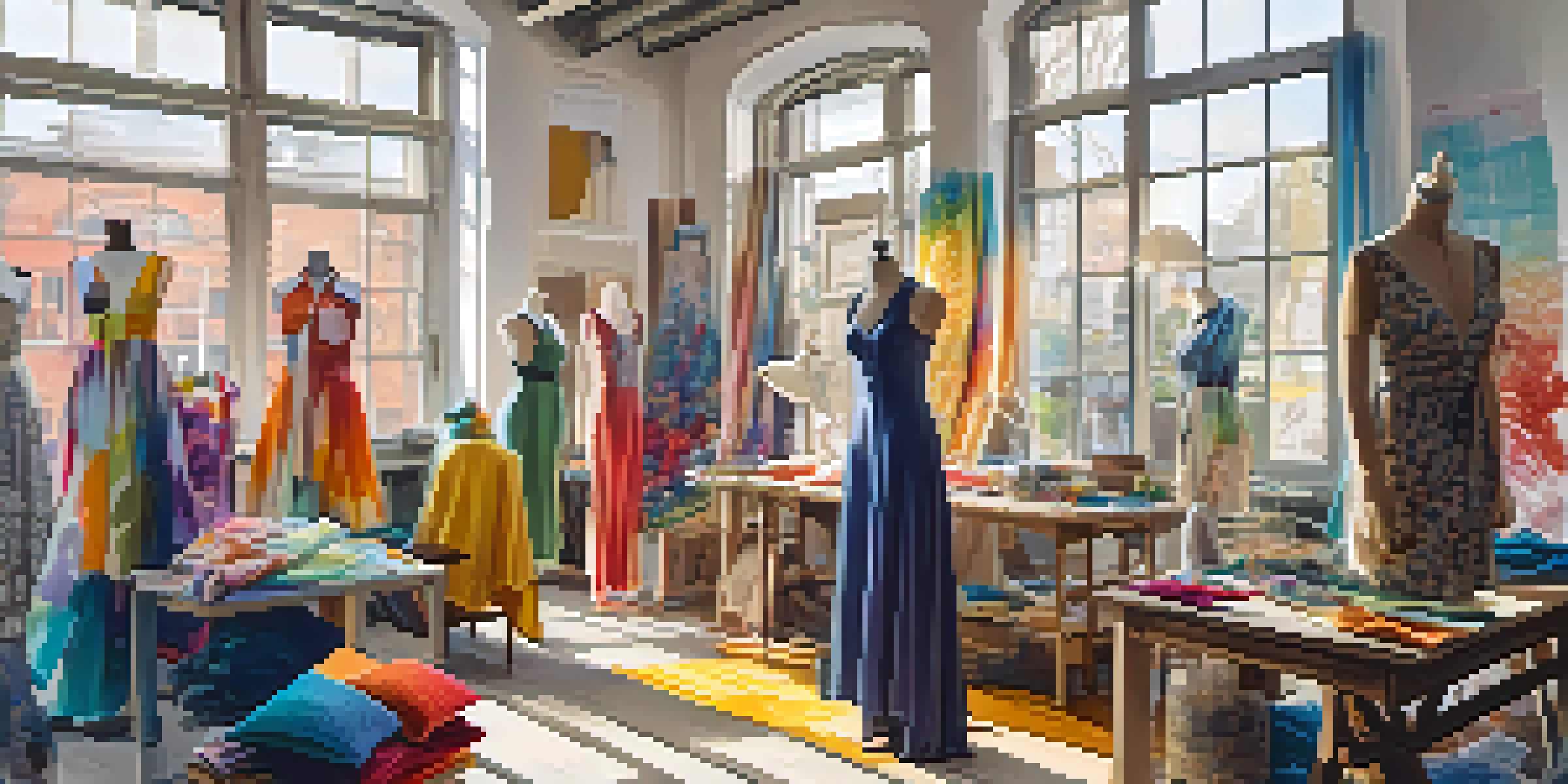 A fashion design studio with colorful fabrics and a designer working on a mannequin, illuminated by natural light.