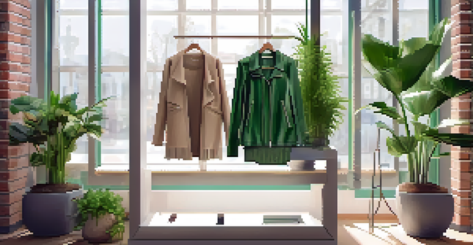 A vegan fashion outfit on a mannequin in a well-lit boutique, featuring a faux leather jacket and organic cotton t-shirt.