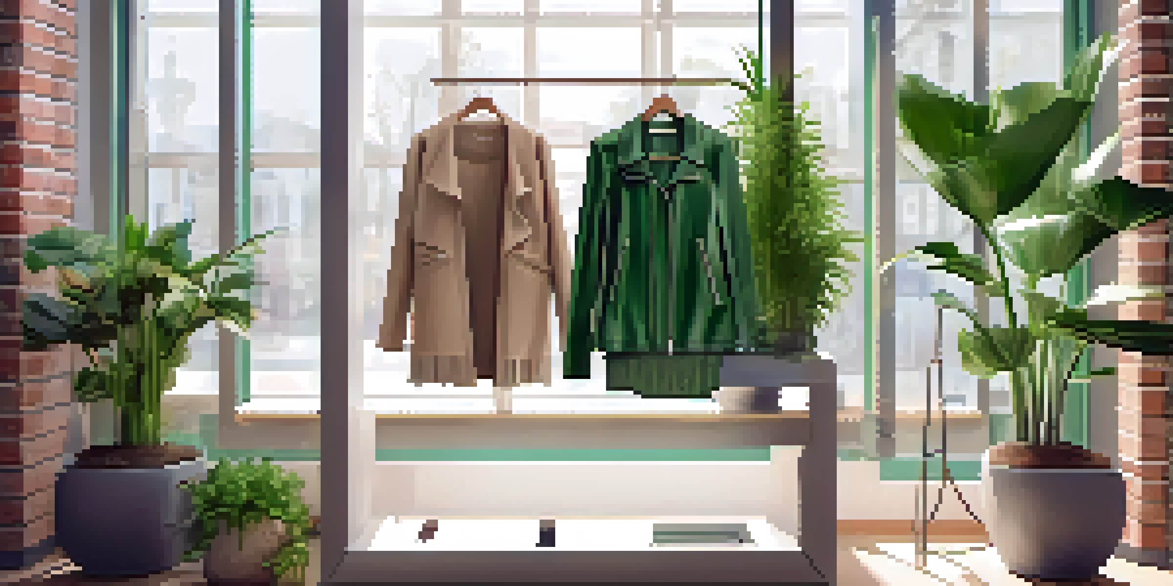 A vegan fashion outfit on a mannequin in a well-lit boutique, featuring a faux leather jacket and organic cotton t-shirt.