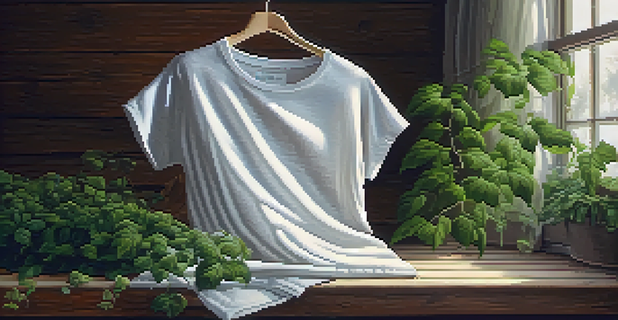 A close-up of an organic cotton t-shirt on a wooden table with soft natural light and green plants in the background.
