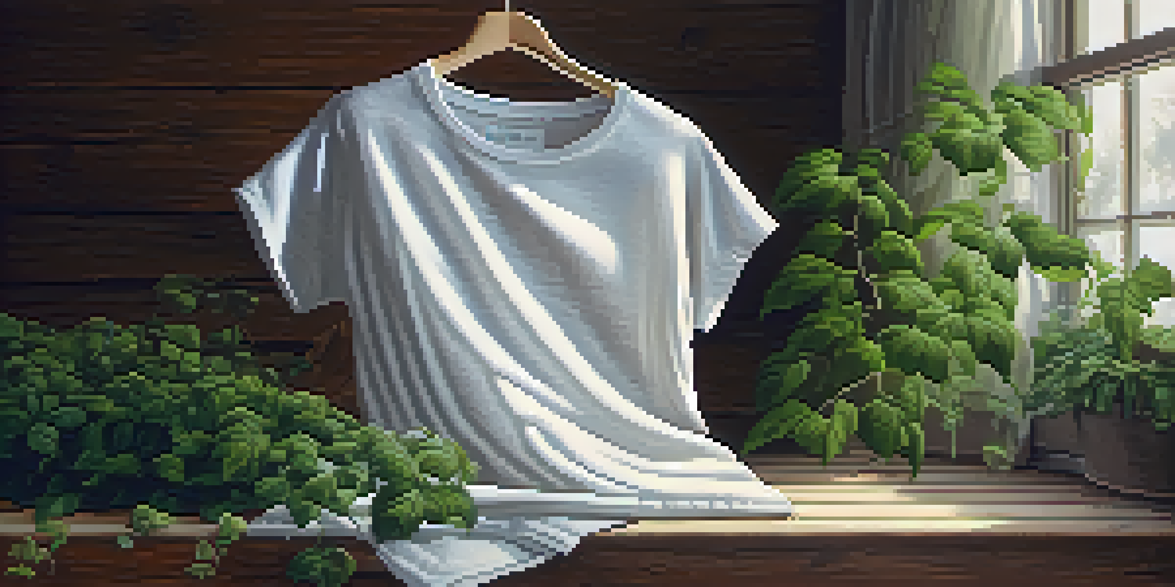 A close-up of an organic cotton t-shirt on a wooden table with soft natural light and green plants in the background.