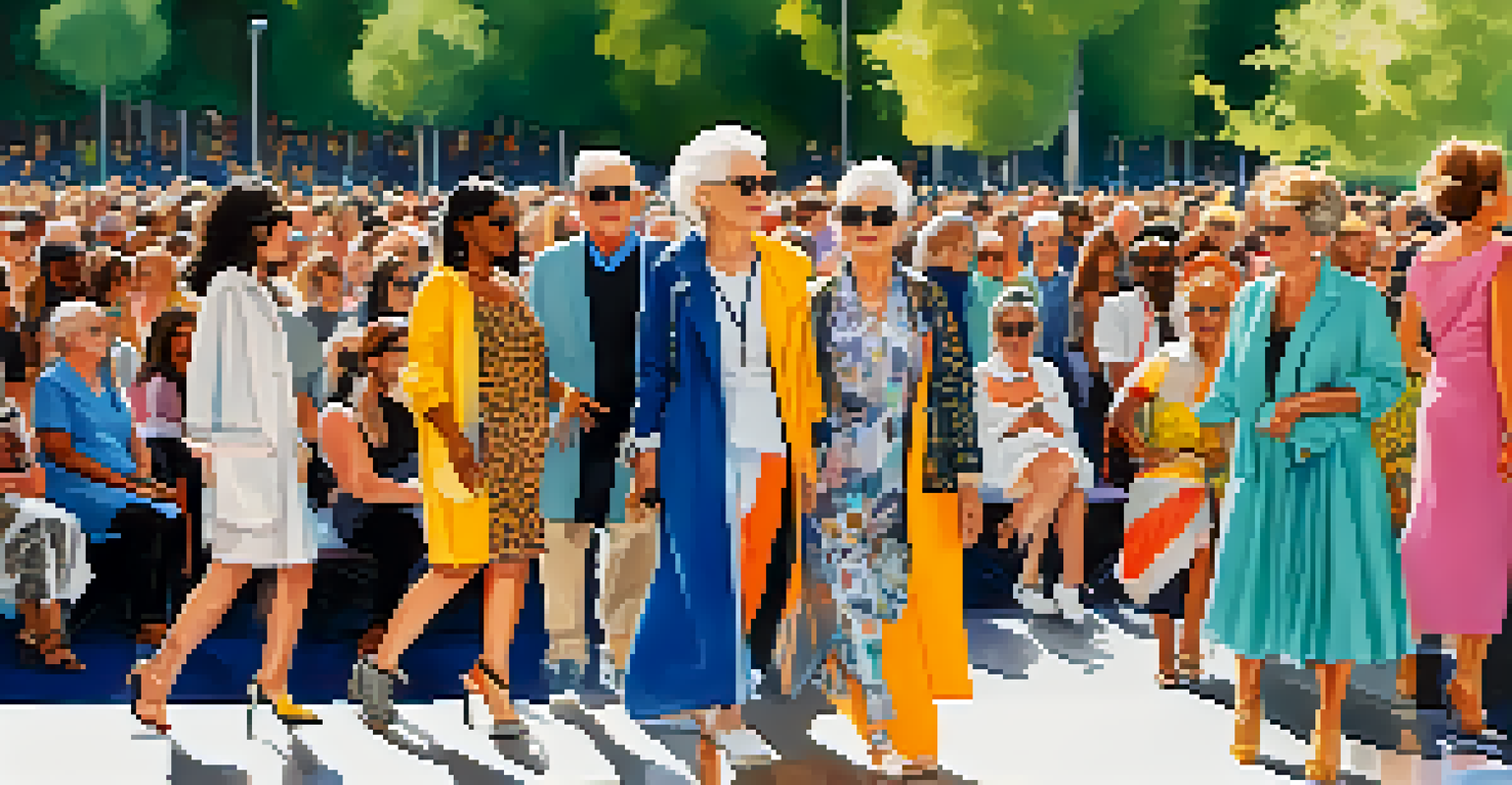 An outdoor fashion show with seniors of diverse backgrounds showcasing modern outfits in a lively park setting.
