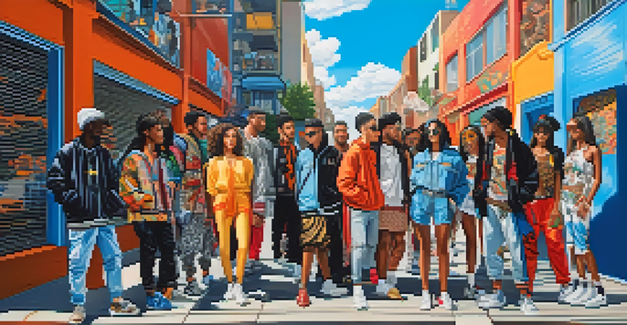 A lively urban street scene with young adults in diverse fashion styles, blending streetwear with traditional garments, surrounded by colorful graffiti.