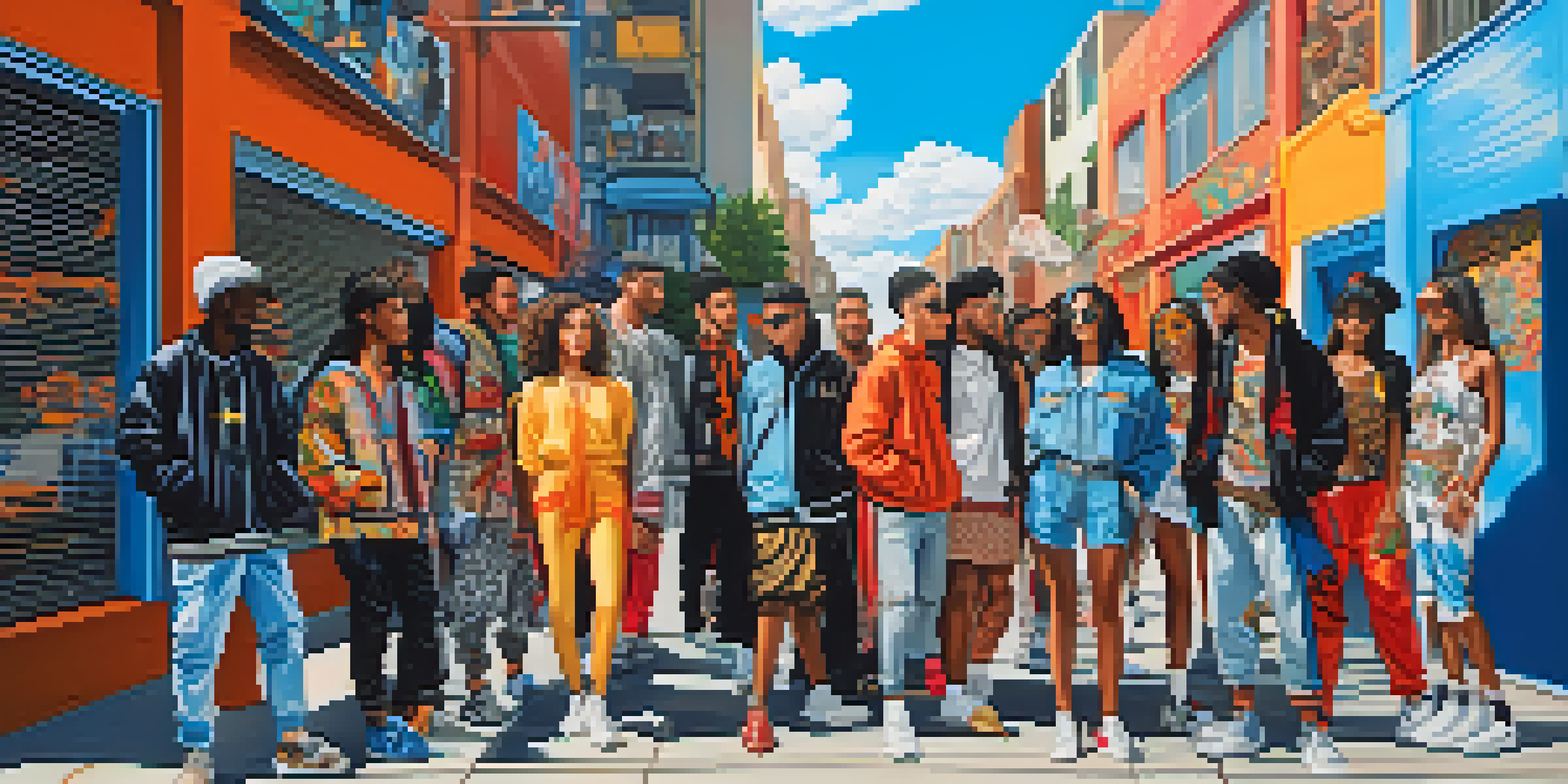 A lively urban street scene with young adults in diverse fashion styles, blending streetwear with traditional garments, surrounded by colorful graffiti.