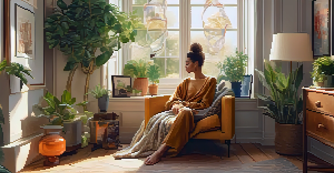 A fashion influencer sitting in a sunlit room filled with plants and colorful fabrics, wearing a stylish outfit and surrounded by vintage decor.