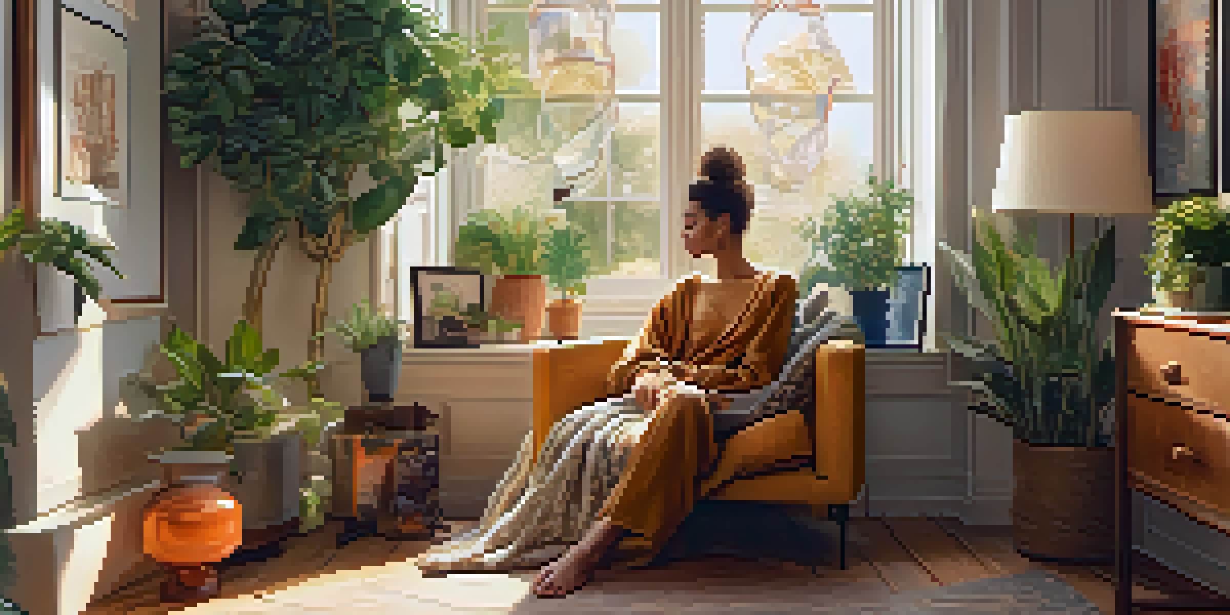 A fashion influencer sitting in a sunlit room filled with plants and colorful fabrics, wearing a stylish outfit and surrounded by vintage decor.