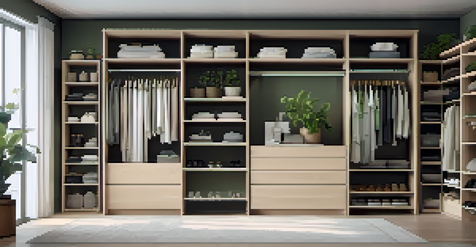 A tidy closet displaying a minimalist capsule wardrobe in neutral colors, emphasizing sustainable fashion choices.