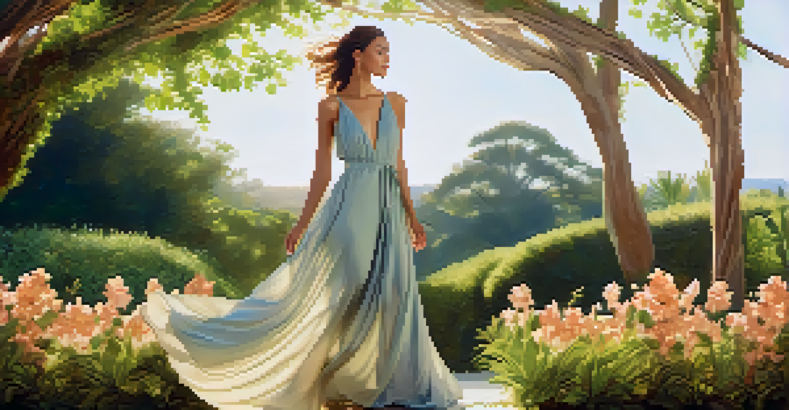 A model in an eco-friendly dress poses in an outdoor setting surrounded by greenery and flowers, illuminated by sunlight.