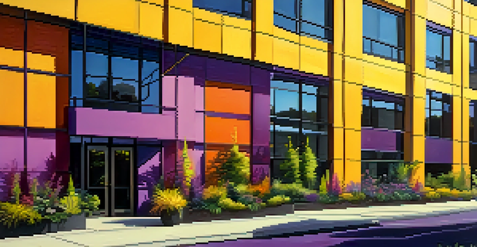 A modern building facade with bold colors like yellow and purple, illuminated by warm sunset light, surrounded by greenery.