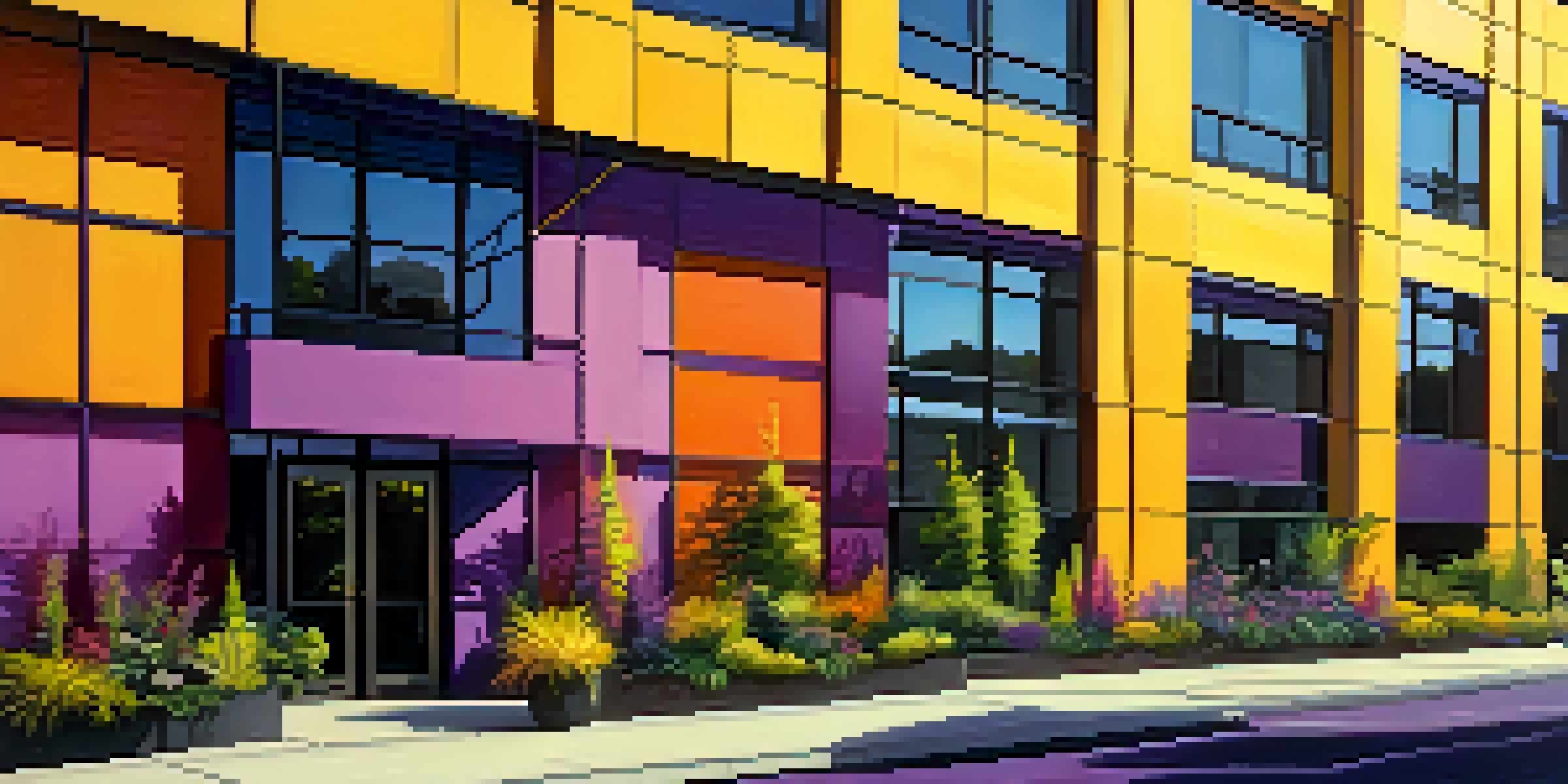 A modern building facade with bold colors like yellow and purple, illuminated by warm sunset light, surrounded by greenery.