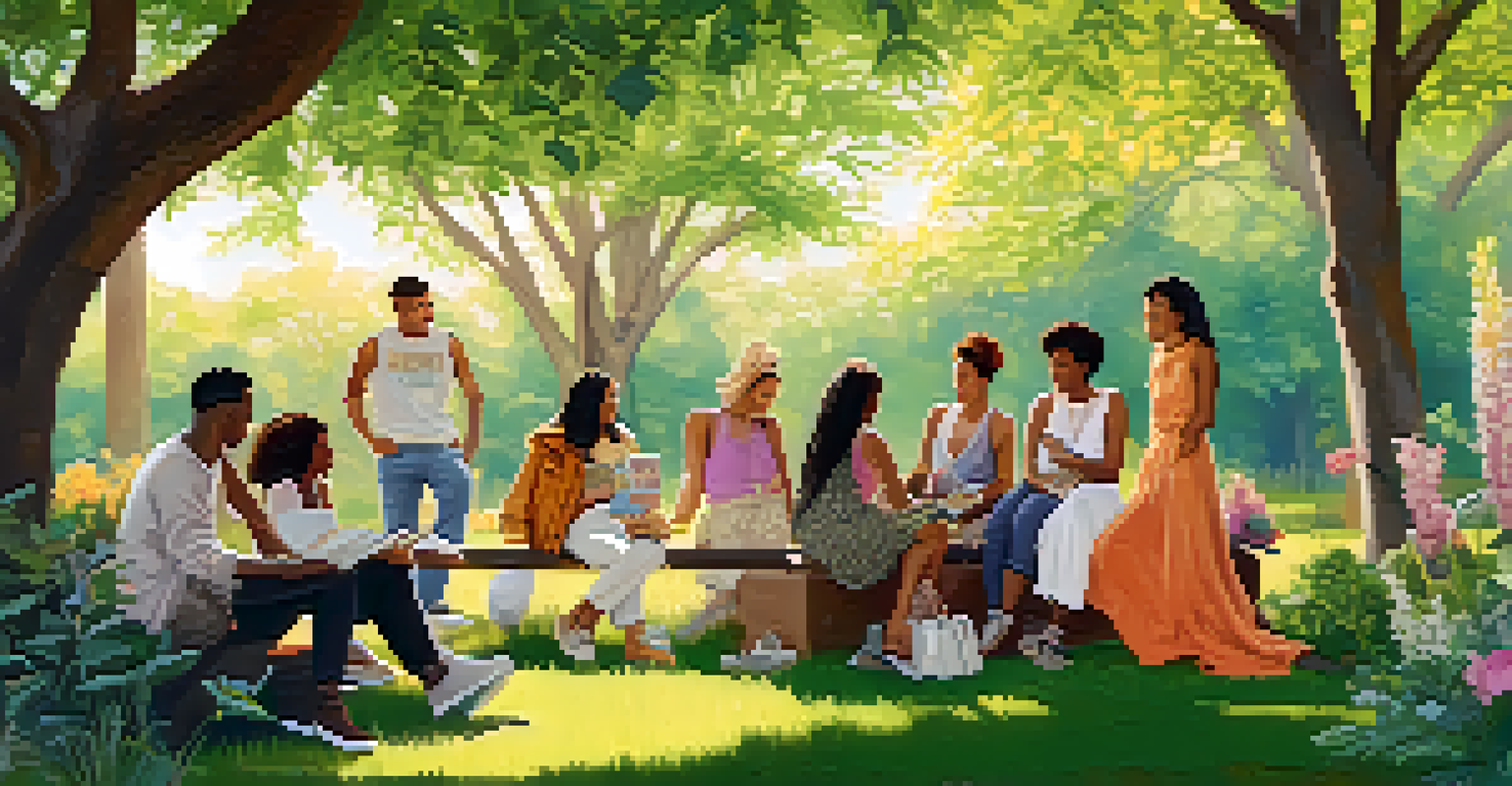 A group of diverse individuals wearing sustainable fashion clothing in a park, surrounded by greenery and flowers, enjoying nature.