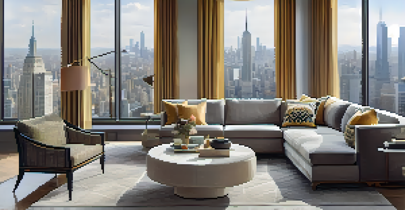 A modern living room with a sofa decorated with geometric patterned cushions inspired by skyscrapers, large windows showing a city skyline, and a harmonious color palette.
