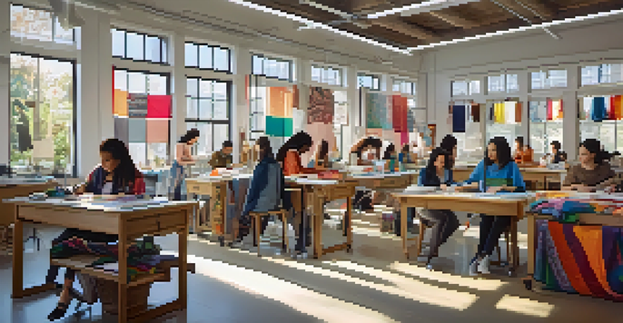 A classroom filled with diverse students working together on fashion design projects, surrounded by colorful fabrics and sketches.