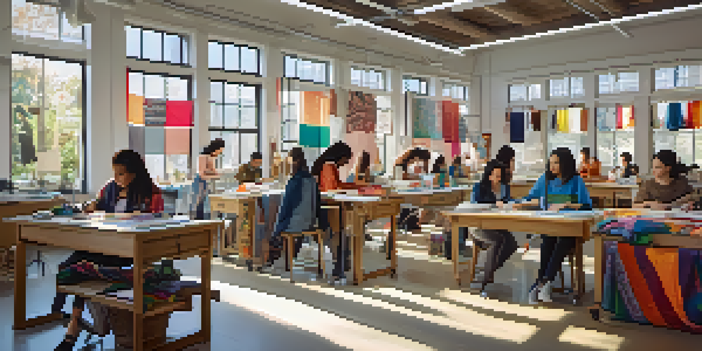 A classroom filled with diverse students working together on fashion design projects, surrounded by colorful fabrics and sketches.