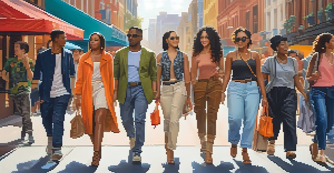 A diverse group of individuals showcasing various fashion styles in a vibrant urban street scene.