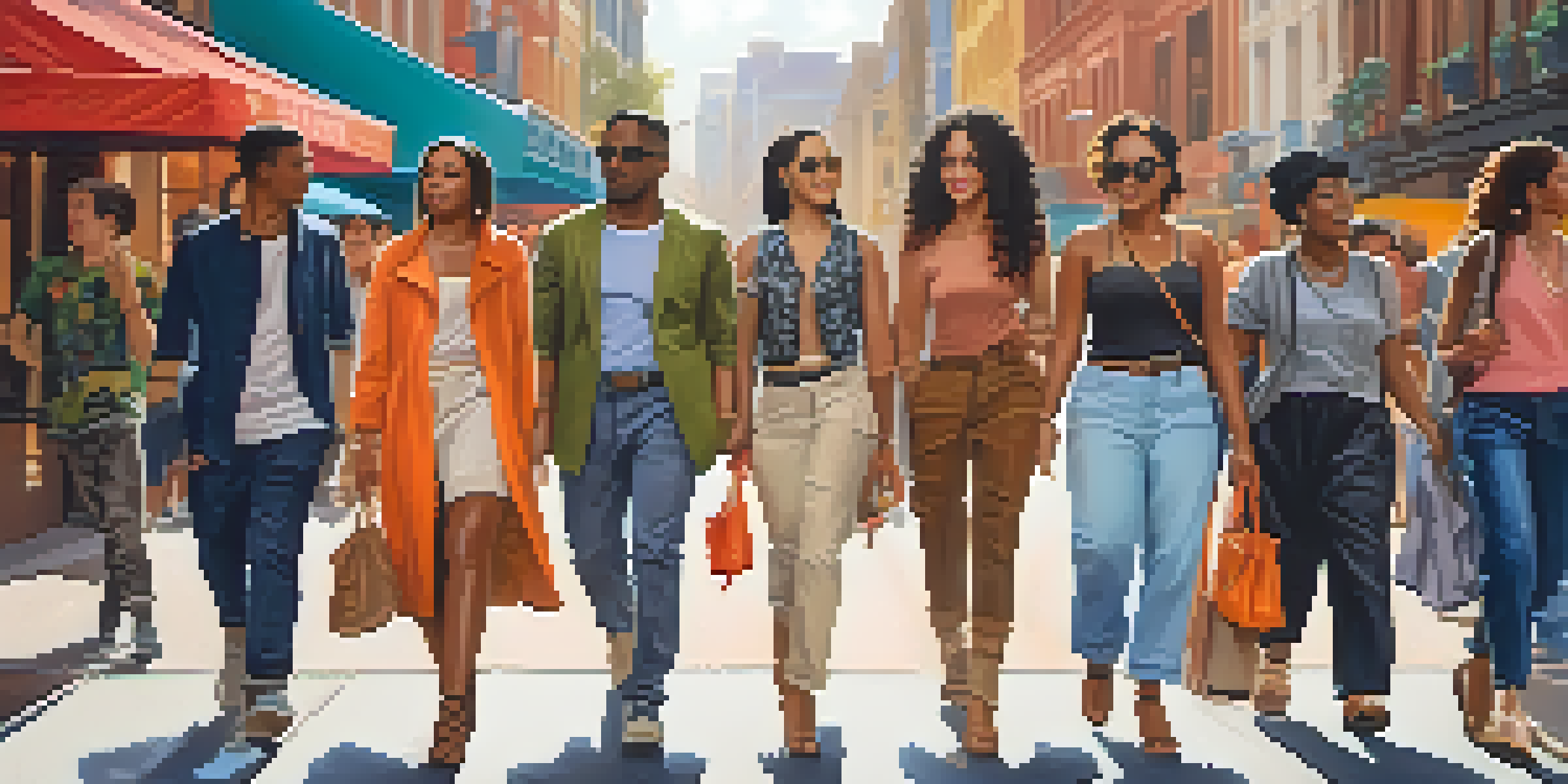 A diverse group of individuals showcasing various fashion styles in a vibrant urban street scene.