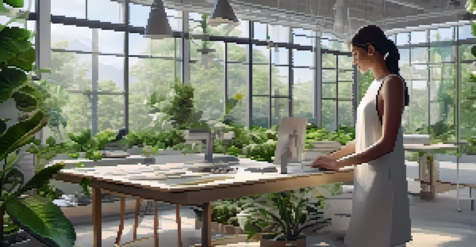 A designer using 3D printing technology to create sustainable clothing in a bright, green workspace.