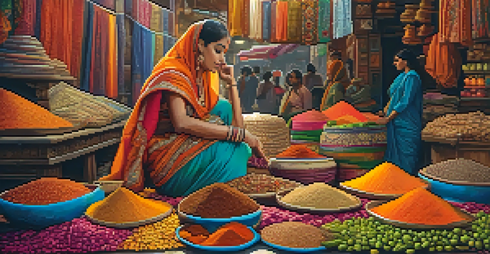 A woman in a colorful sari surrounded by textiles and spices in an Indian market.