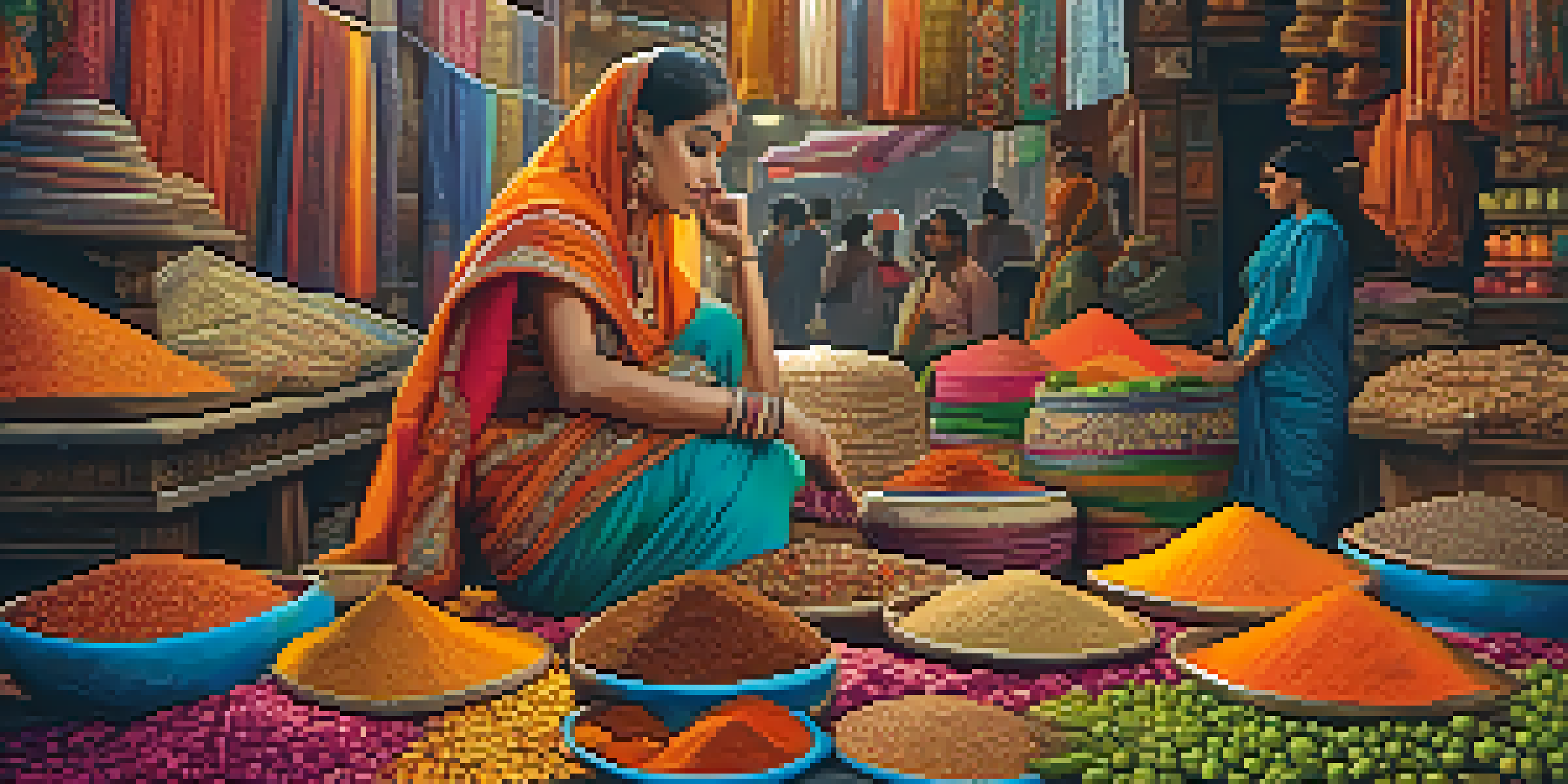 A woman in a colorful sari surrounded by textiles and spices in an Indian market.