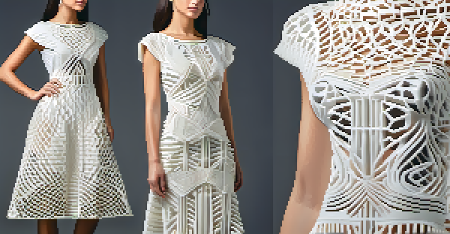 A close-up view of a 3D printed dress displaying intricate geometric patterns and textures against a neutral background.