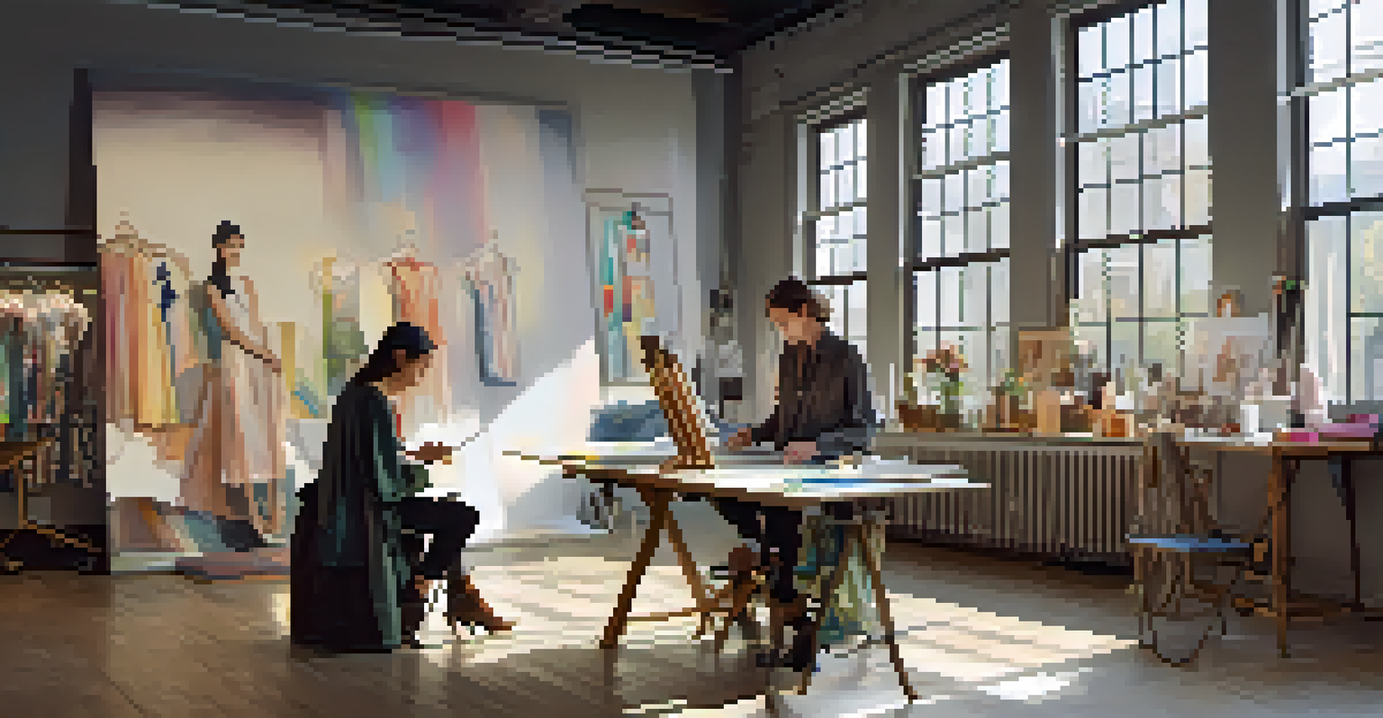 A fashion designer sketching gender-neutral clothing in a bright studio filled with colorful fabrics and a large canvas.