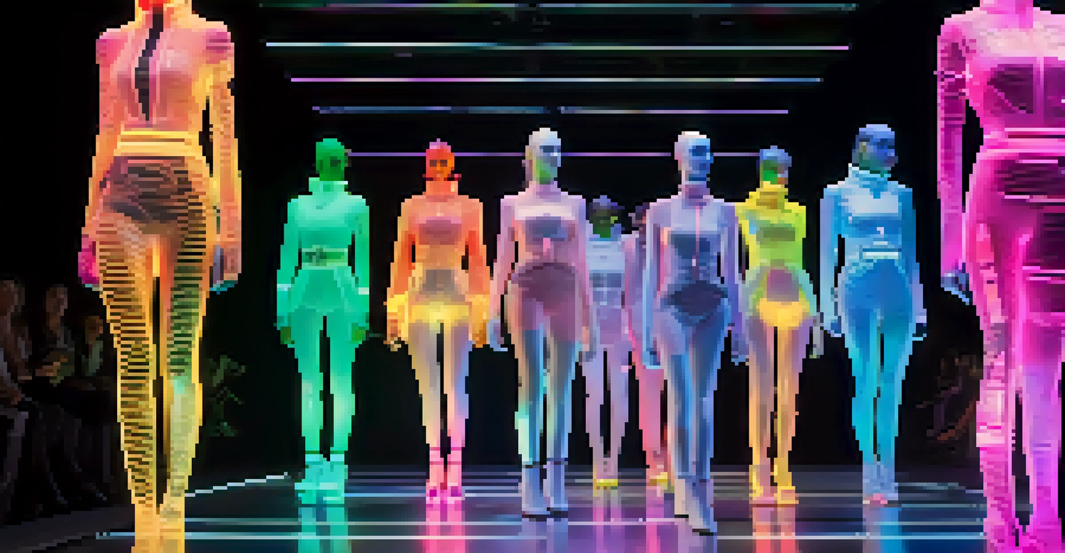 A digital fashion show featuring models in glowing, 3D-printed outfits on a futuristic runway with virtual audience.