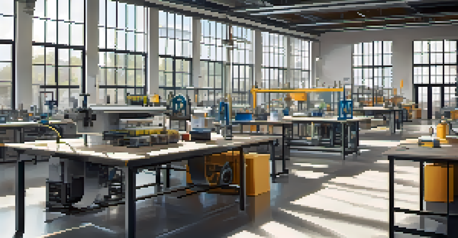 A modern factory with 3D printing machines creating fashion items in a clean workspace with natural light.