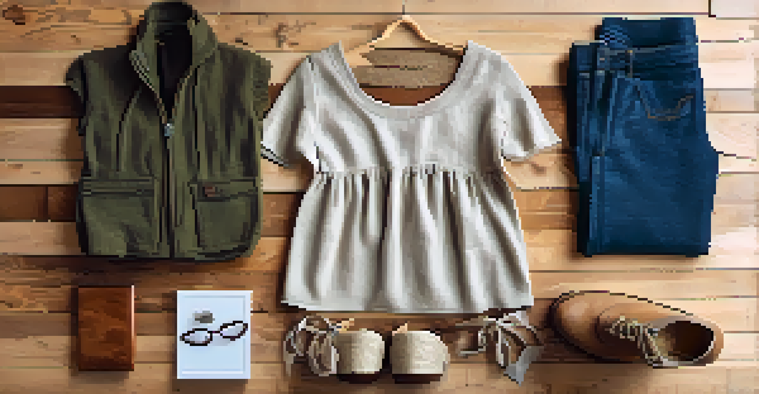 A flat lay of an eco-friendly outfit displayed on a rustic wooden table, showcasing sustainable fashion items.