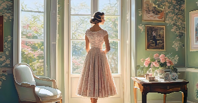 A woman in a pastel vintage dress stands in a sunlit room filled with family photos and floral wallpaper, evoking nostalgia.