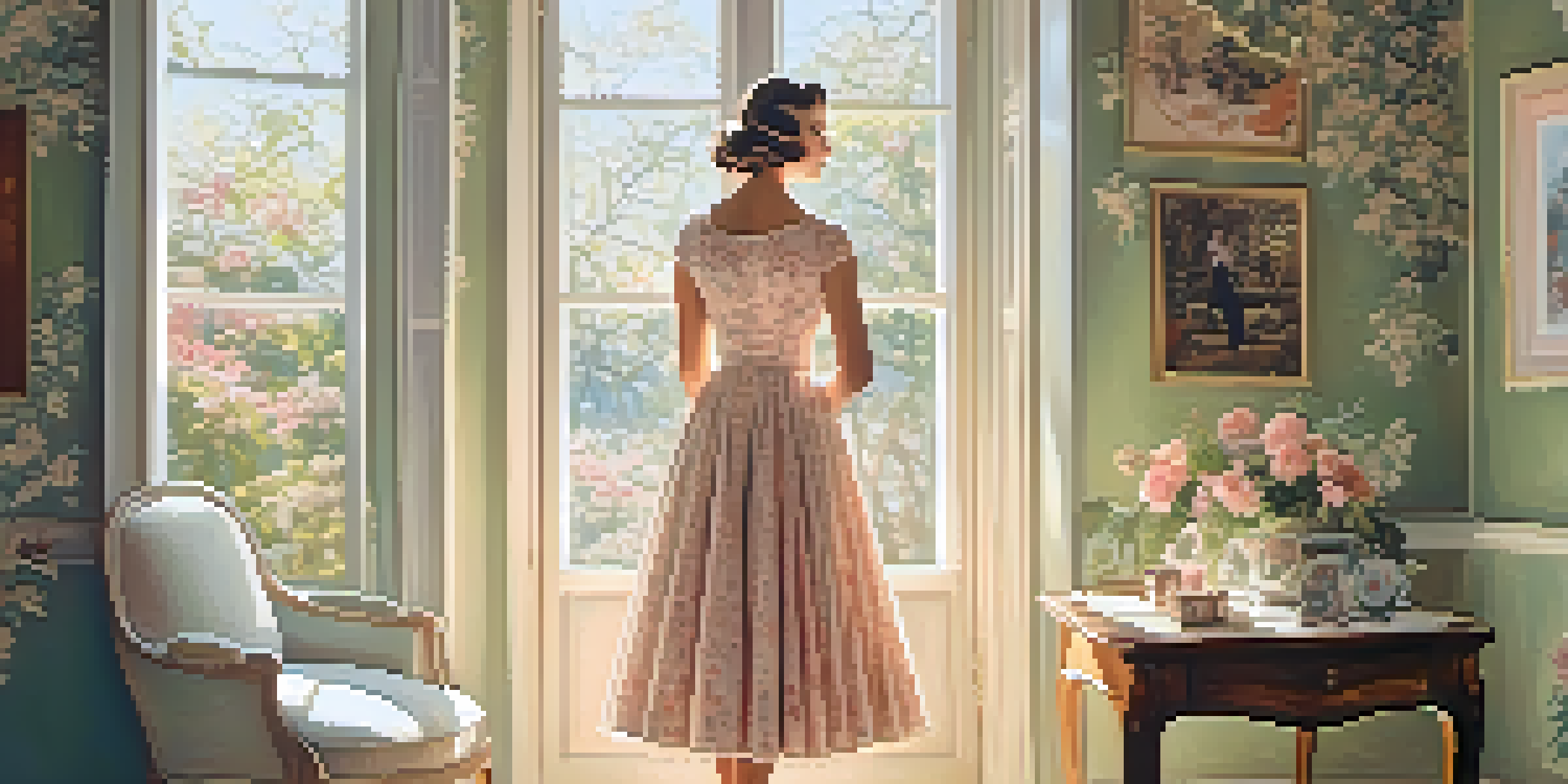 A woman in a pastel vintage dress stands in a sunlit room filled with family photos and floral wallpaper, evoking nostalgia.