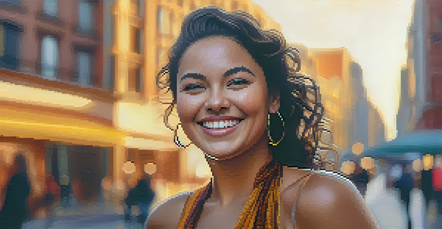 A close-up of a confident woman smiling at the camera, dressed in a fashionable outfit, set against a warm urban background.