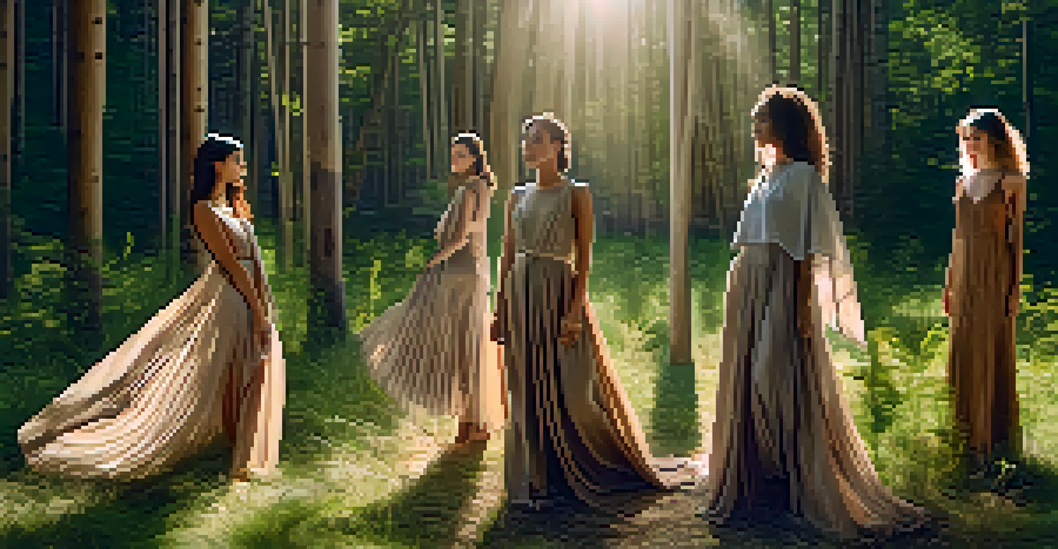 A diverse group of models in a forest wearing sustainable fashion, showcasing eco-friendly clothing in a serene outdoor setting.