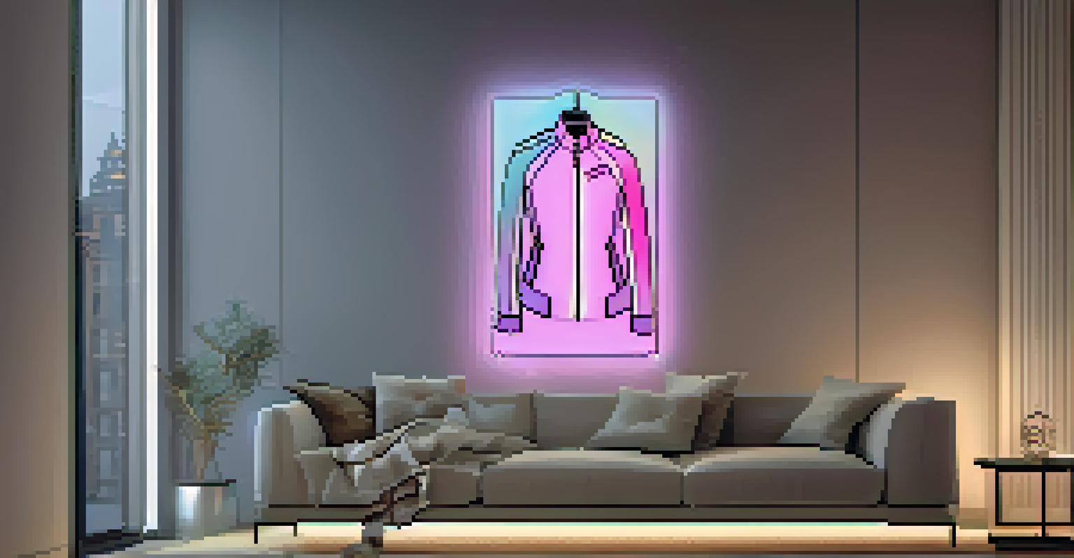 Futuristic smart jacket on a coat rack, glowing LED elements visible, set in a stylish, minimalist living space with soft lighting.