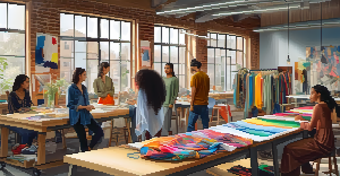 A diverse group of fashion design students working together in a bright studio, surrounded by colorful fabrics and sketches.