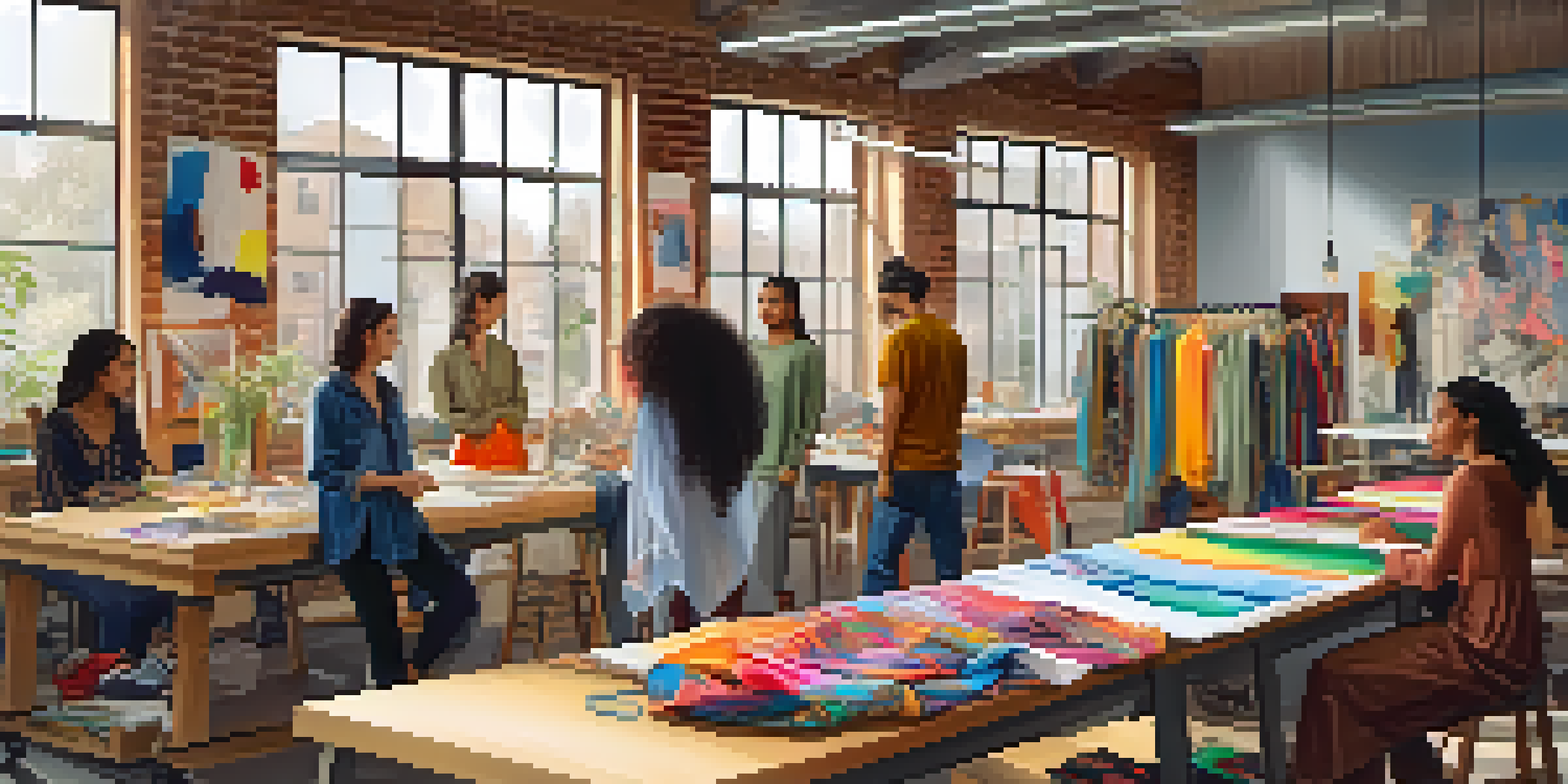 A diverse group of fashion design students working together in a bright studio, surrounded by colorful fabrics and sketches.