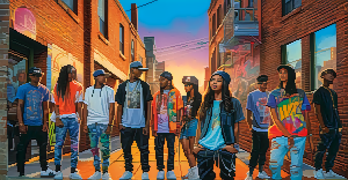 A lively urban street scene with diverse young individuals dressed in colorful streetwear, surrounded by graffiti art and warm evening light.