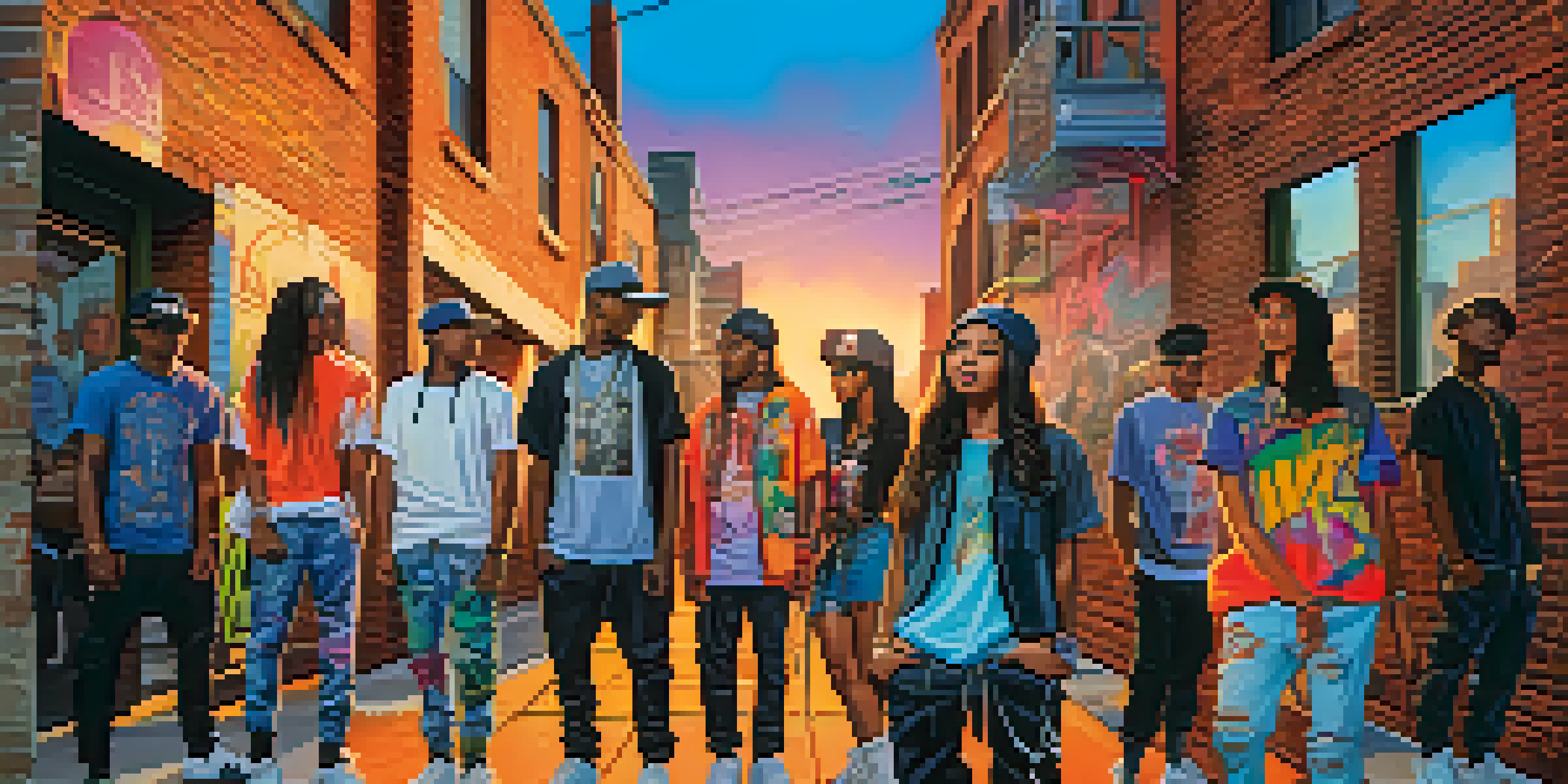 A lively urban street scene with diverse young individuals dressed in colorful streetwear, surrounded by graffiti art and warm evening light.